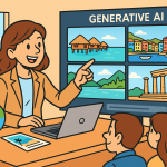 Das Bild ist im Comic-Stil angelegt und zeigt eine Lehrende Person, die zwei Kindern generative künstliche Intelligenz an einer Tafel erklärt.